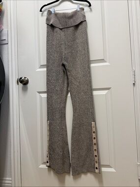 Knit Button-Trim Wide Leg Pants in Taupe